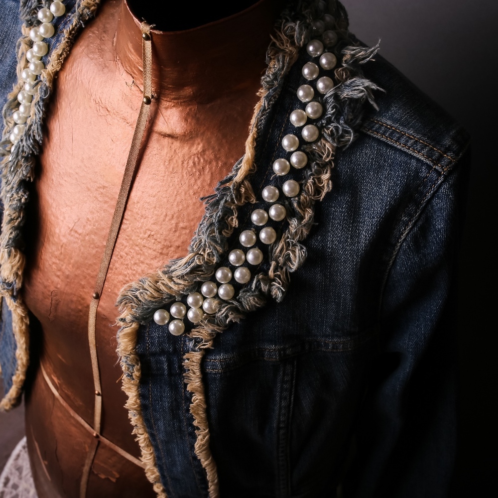 Vera Wang Blue Jean Jacket with Pearl Accents